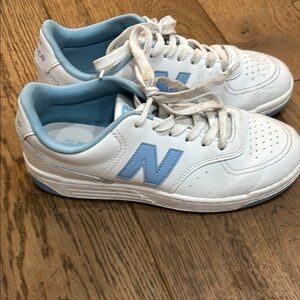 New Balance White and Light Blue Sneakers